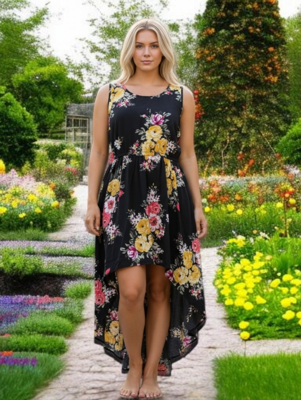 MWT TORRID ( 10/12 ) Floral High-Low Maxi Dress - Black with Yellow & Pink Roses